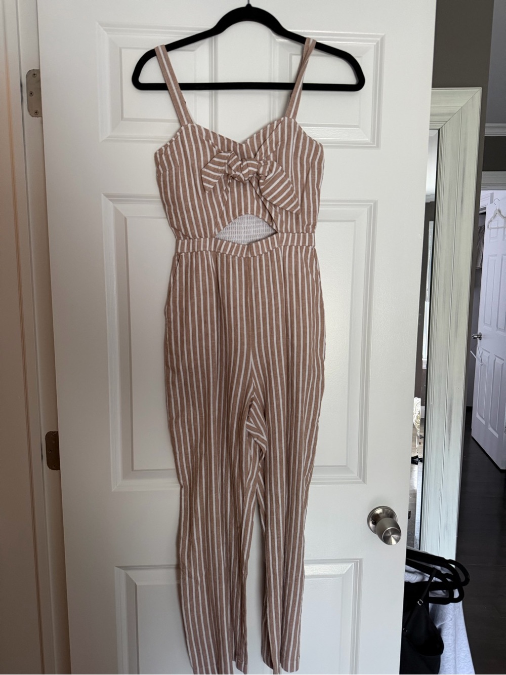 Abercrombie & Fitch Tan and White Striped Tie-Front Cutout Jumpsuit